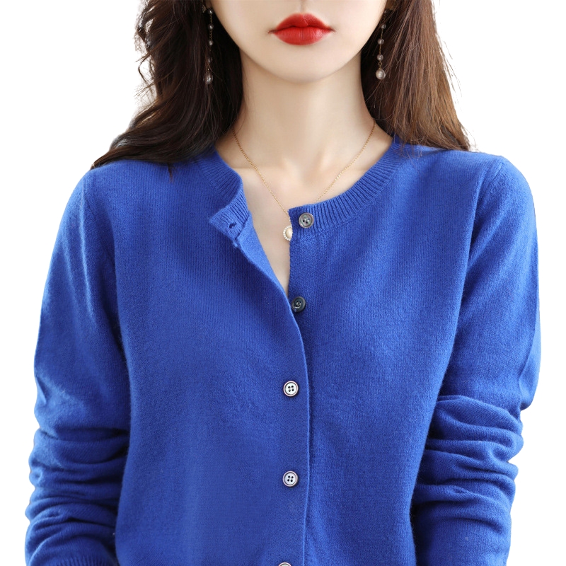 New Knit Cardigan for Early Spring Women's Round-Neck Sweater Long-Sleeve Solid Color Versatile Jacket