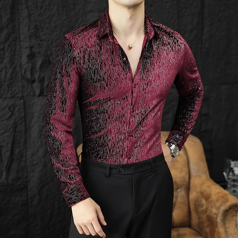 long sleeved velvet sequined shirt mens streetwear lapel social tailcoat shirt mens wedding club disco ultra-thin mens shirt 4XL-M 250110