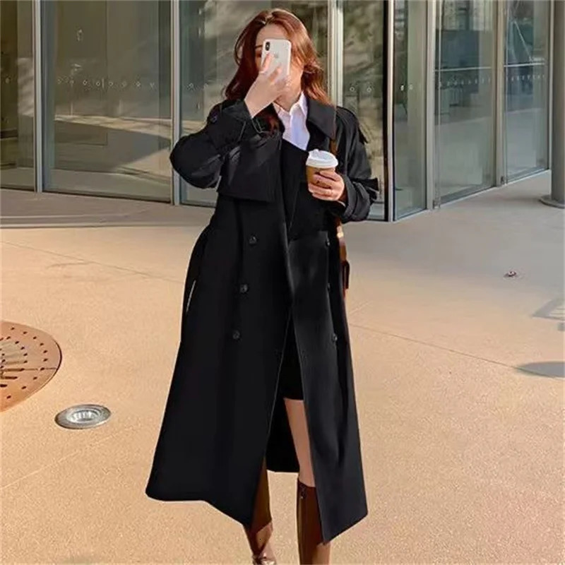 Street loose trench coat Midi length fashionable Korean elegant khaki black womens windproof coat casual double chest top 250118