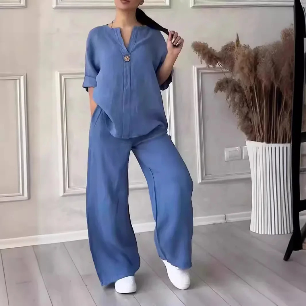 Womens Cotton and Linen Pants Suit Casual Solid Color Pullover 2piece Set White Pink 250109