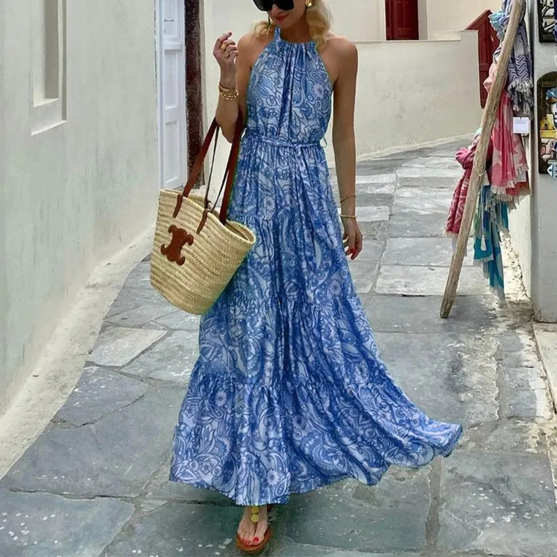 Womens Summer Loose Sleeveless Bohemian Medium length Printed Dress 250118