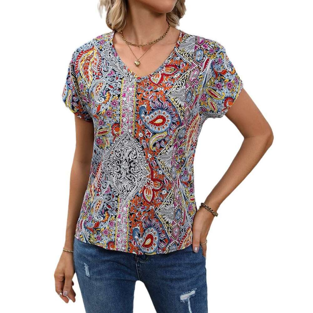 European and American hot summer full width print retro women's top temperament versatile new trendy clothing ins