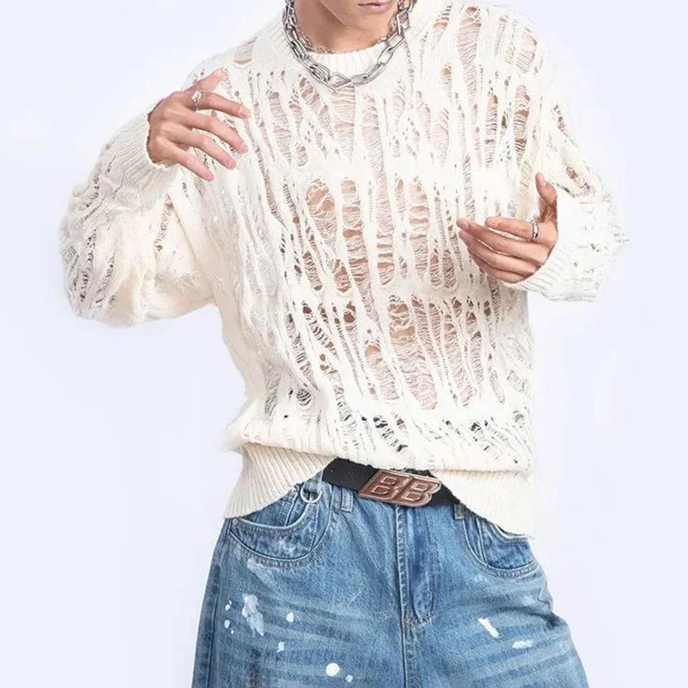 Men Sweater Harajuku Perspective Destructed Hollow Hold Pullover Tops Autumn Streetwear Fashion Trendy Daily Unisex 2024 250114