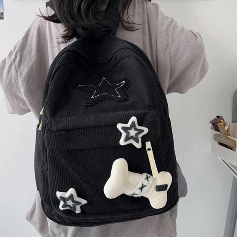 Y2K Girls Star Pattern Laptop Backpack Teen Student Large Capacity School Bookbag Corduroy Rucksack Double Strap Shoulder Bag 250109