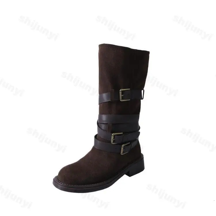 Pleated Buckle Knight Boots for Women Autumn Faux Suede Brown Midcalf Woman SlipOn Thick Heel Booties Botas De Mujer 250117
