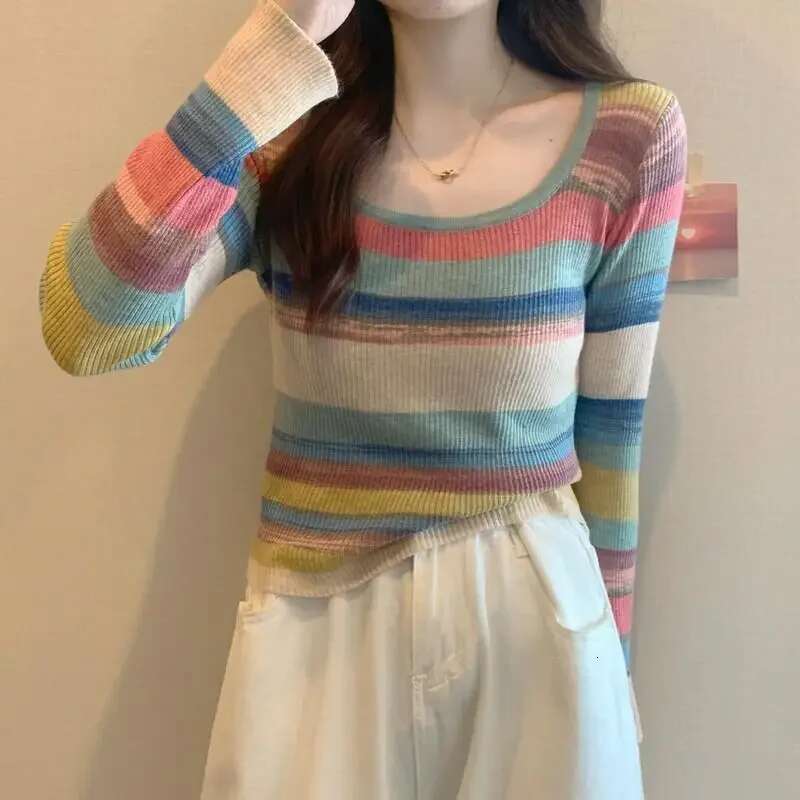 New Spring And Autumn Rainbow Stripe Square Collar Colorful Long Sleeve Base T-shirt For Women Inner Collar Knitted Top Thin Designer T-shirt