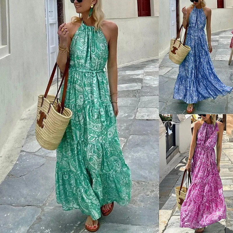 Womens Summer Loose Sleeveless Bohemian Medium length Printed Dress 250118