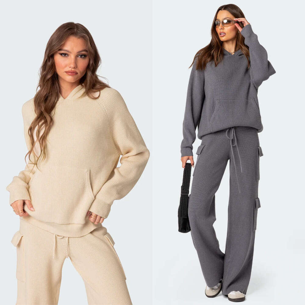 2025 European American Spring Autumn Women's Hooded Sports and Leisure Sweater Knitted Set New Casual Versatile Fashion Clothing
