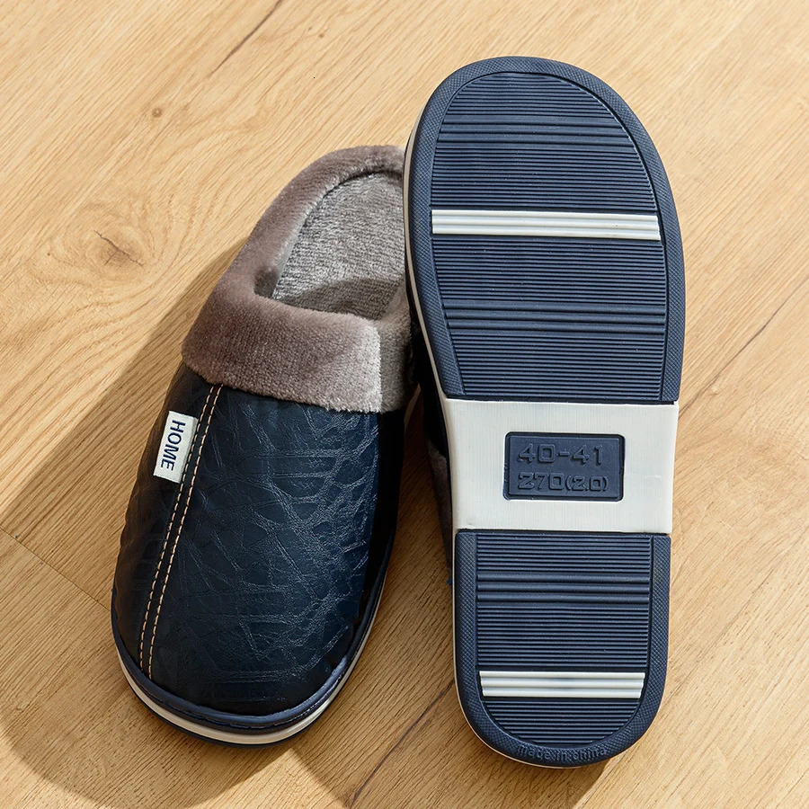 Big Size Mens slippers Winter Indoor Waterproof PU Leather Large Sizes Home Cotton shoes Fur Flat Cotton Bedroom Houseshoes250114