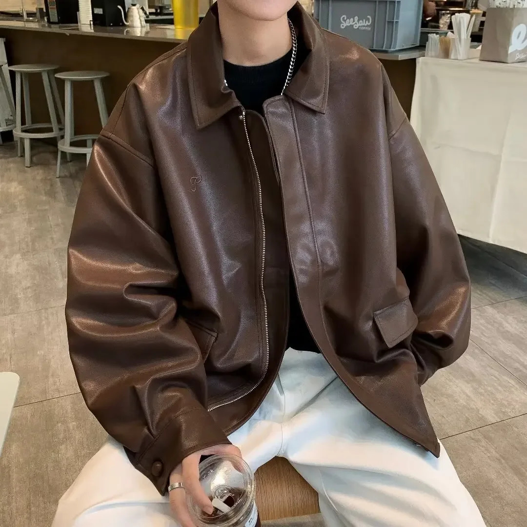 Brown Leather Jacket Style Men Womens Spring Autumn 2024 Motorcycle Clothing Cropped Coffee Color Vintage Maillard 250110