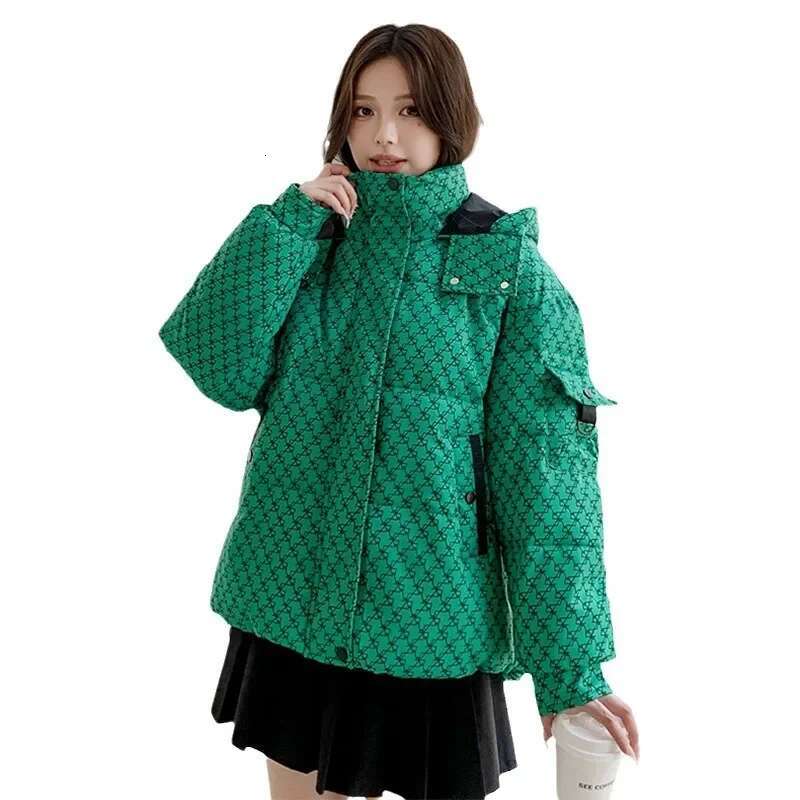 Women's Green Plaid Hooded Jacket, Spliced Outerwear, Zipper Parka, Casual Warm Puffer Coat, Female Fashion, Winter, New, 2024