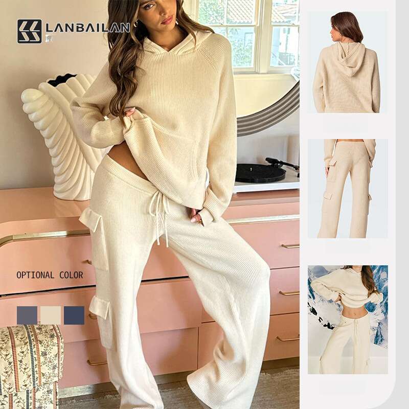 2025 European American Spring Autumn Women's Hooded Sports and Leisure Sweater Knitted Set New Casual Versatile Fashion Clothing