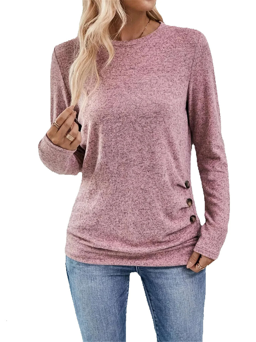 Button Decoration Ruffled T-shirt For Spring And Autumn Casual Long Sleeved Top Designer T-shirt For Women's Wear