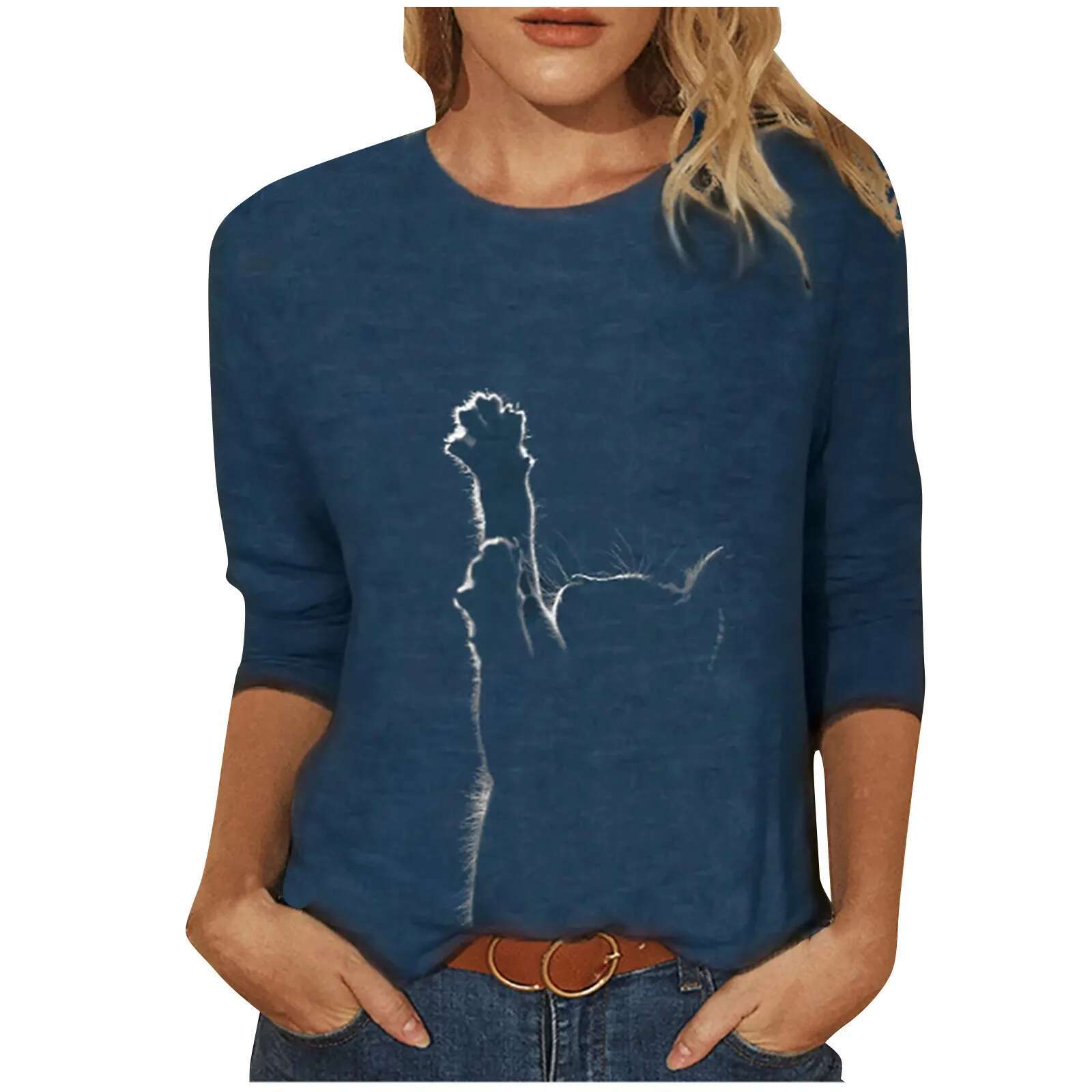 Autumn And Winter Loose Cat Print Casual Long Sleeved T-shirt Top Women's Shirt 2025 Women's Summer Top Designer T-shirt