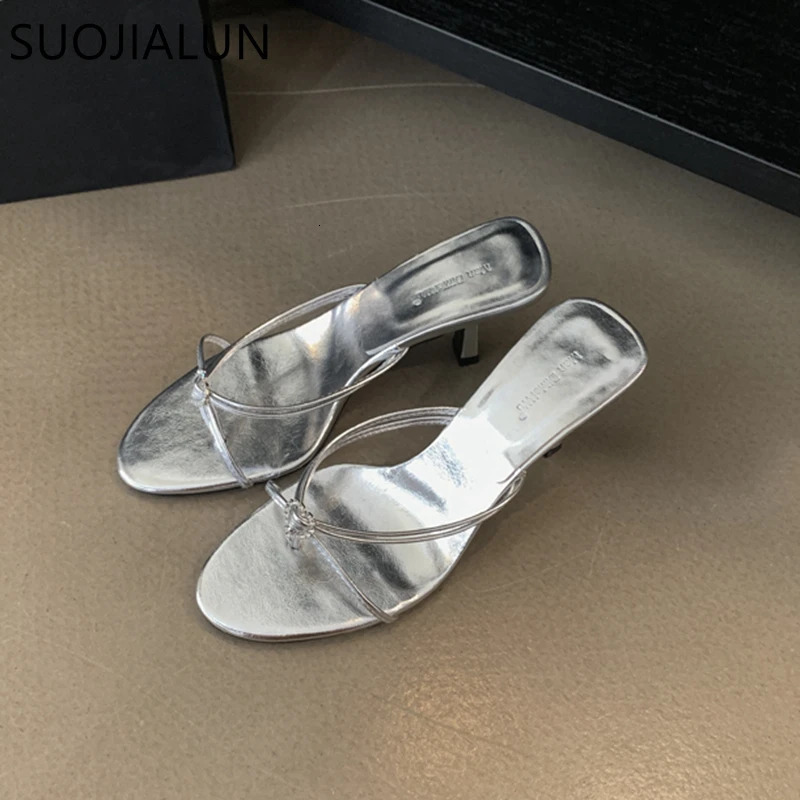 SUOJIALUN Summer Women Slipper Fashion Narrow Band Ladies Elegant Sandal Shoes Thin High Heel Dress Slip On Flip Flop 250113