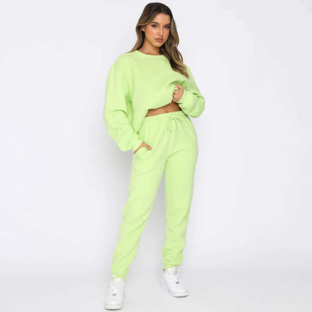 European American autumn and winter solid color round neck pullover pants women's fashion casual long sleeved sweatshirt set 2025 temperament ver