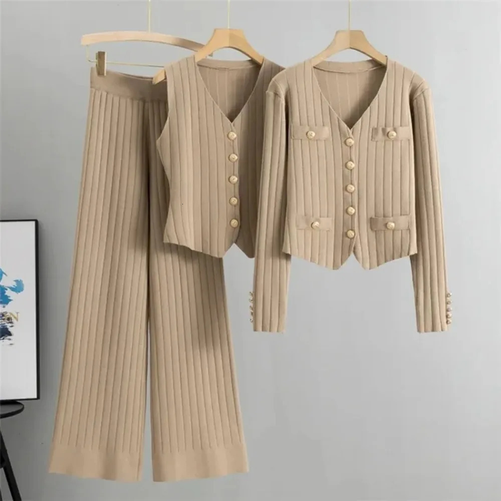 Fashion 3 Piece Set Women Sexy Vest Long Sleeve Zipper Cardigan Elastic Waist Wide Leg Pants Tracksuit Knitted Suit 250109
