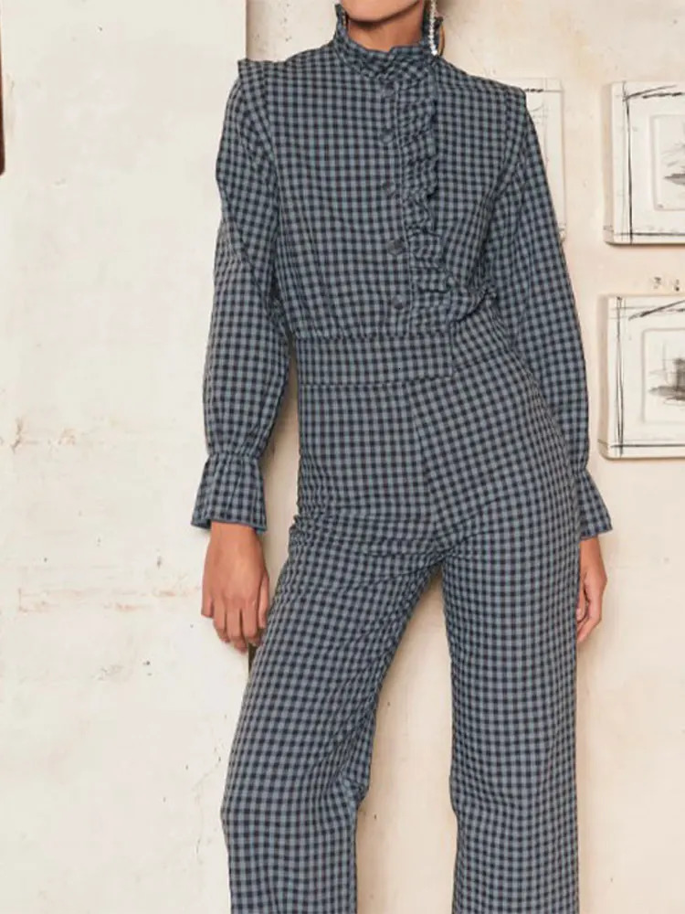 Vintage Plaid Ruffle Hem Button Jumpsuits Females Bevel Buckle Stand Neck Full Sleeve Top Suits Fashion Commute Wears 250107