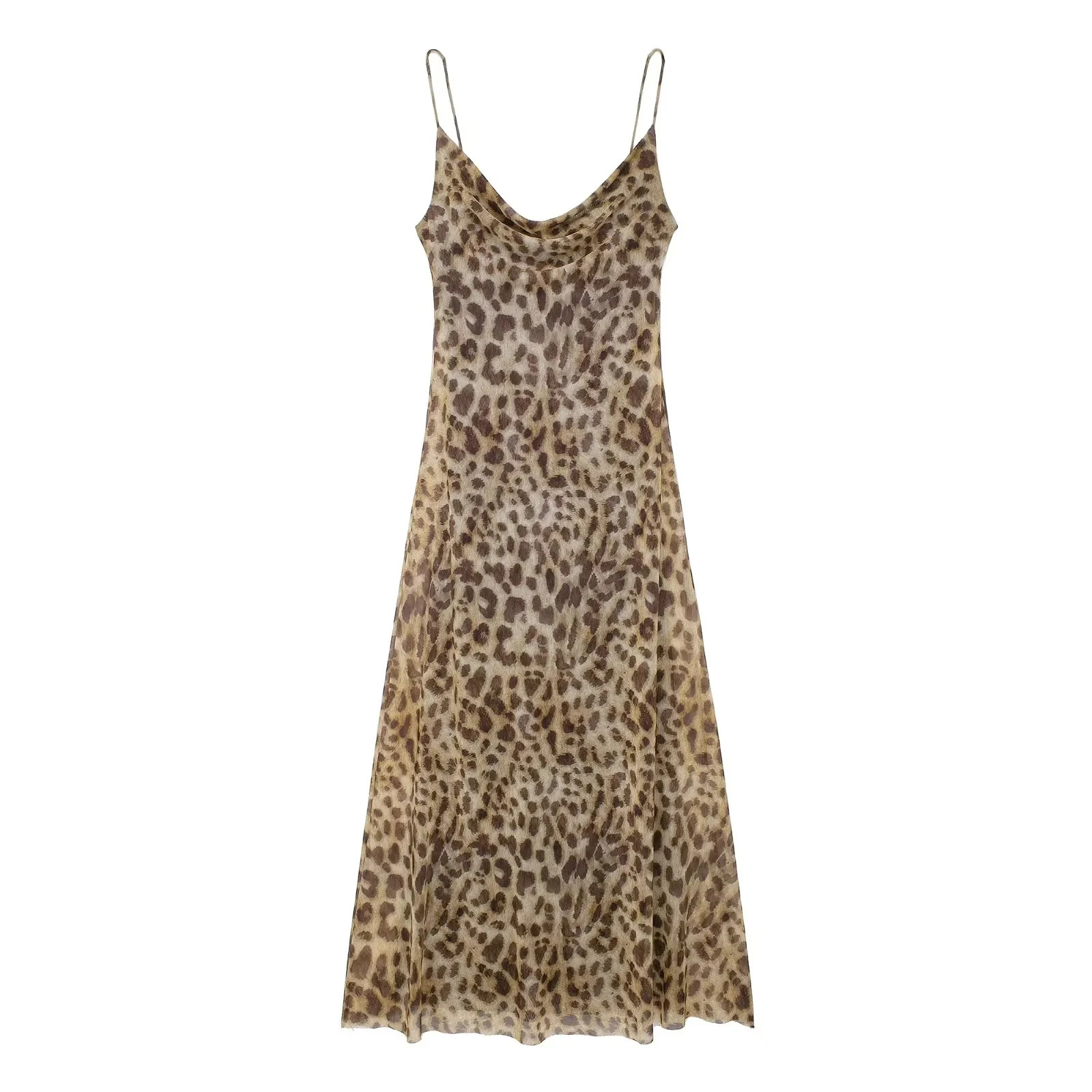 TRAFZA Vintage Leopard Print Chiffon Sexy Cami Dress Women V Neck Sleeveless Party Dress Fashion 2024 Summer Streetwear Dress 250107