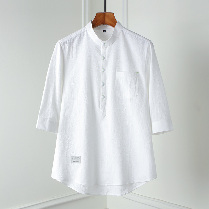 L65 Spring and summer new style stand-up collar pure cotton linen henley shirt three-quarter sleeve casual loose pullover T-shirt