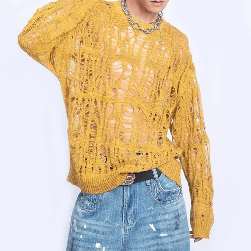 Men Sweater Harajuku Perspective Destructed Hollow Hold Pullover Tops Autumn Streetwear Fashion Trendy Daily Unisex 2024 250114