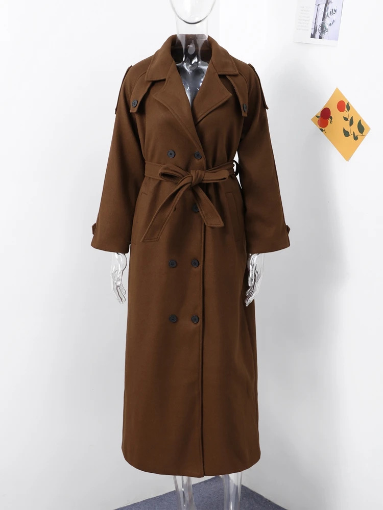 Street Long Trench Coat With Belt Women Black Loose Lapel Double Breasted Full Sleeve Overcoat Autumn Winter Lady Outwear 250118