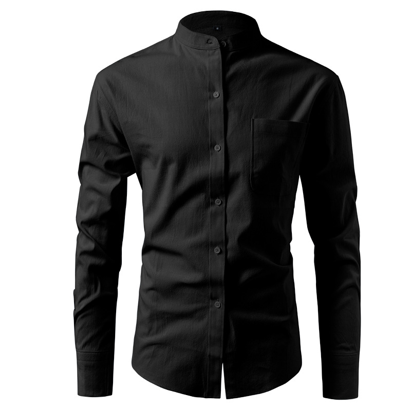 D195 New Stand Collar Shirt Amazon Long Sleeve Cotton Men's Casual Imitation Linen Shirt Men's Trend
