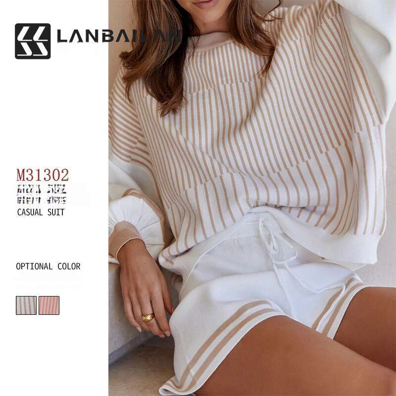 Women's European American 2025 Spring Autumn temperament casual striped sweater knitted shorts set new style chic and elegant clothing
