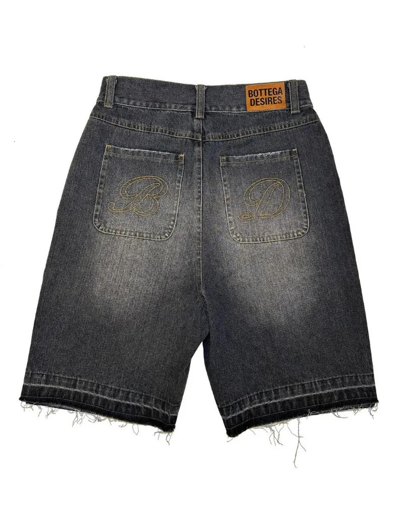 American street Harajuku retro denim shorts with letter embroidery oversized jeans mens Y2K loose casual short socks 250108