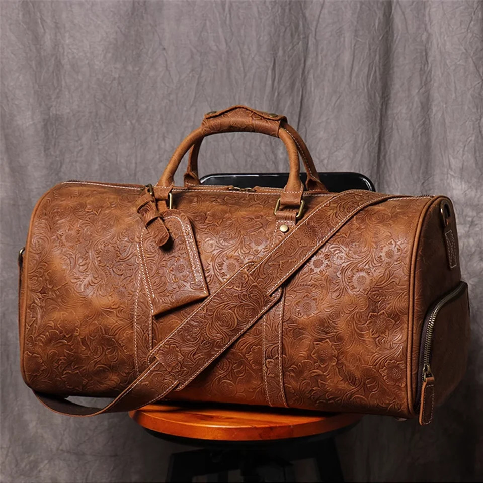 LUOKIR Retro Embossed Leather Handbag Large Capacity Genuine Leather Short term Travel Bag Clothing and Luggage Gym Bag 250109