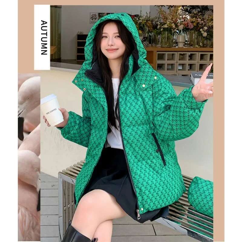 Women's Green Plaid Hooded Jacket, Spliced Outerwear, Zipper Parka, Casual Warm Puffer Coat, Female Fashion, Winter, New, 2024