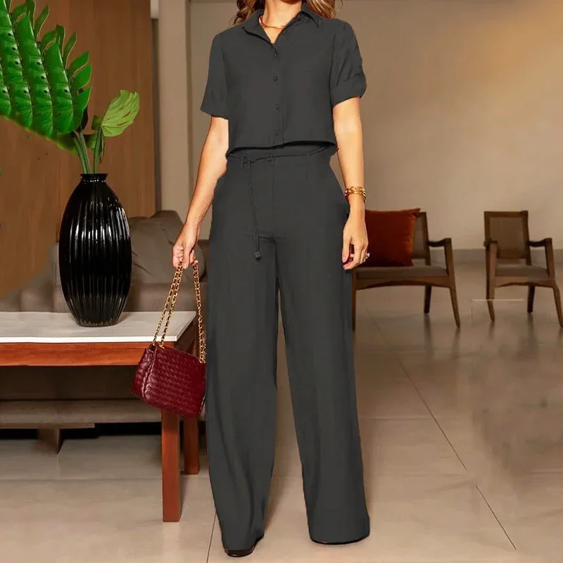 Wefads Two Piece Set Women Summer Casual Solid Lapel Single Breasted Button Short Sleeve Top With Belt Wide Legs Pants 250109