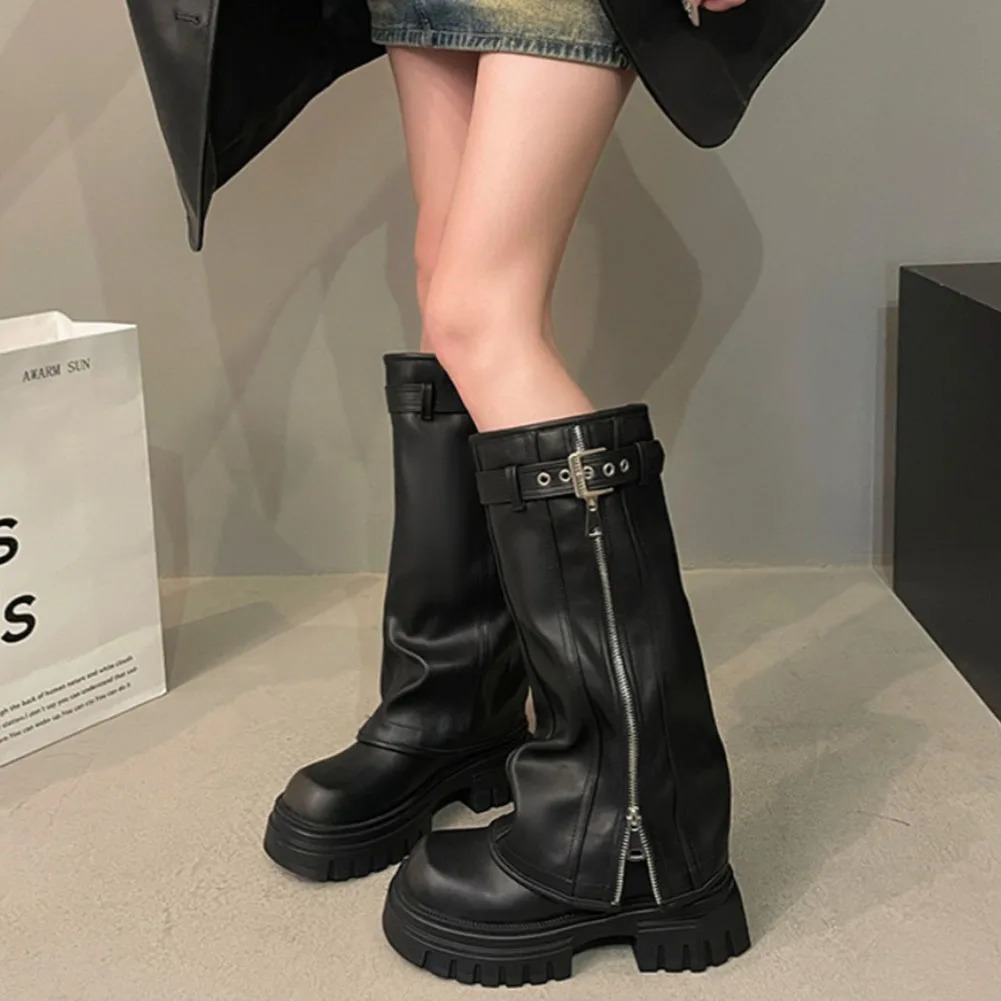 Brand Desinger Knight Women Mid Calf Boots Chunky High Heeled Platform Punk Motorcycle Long Booties Goth Street Shoes For 250117
