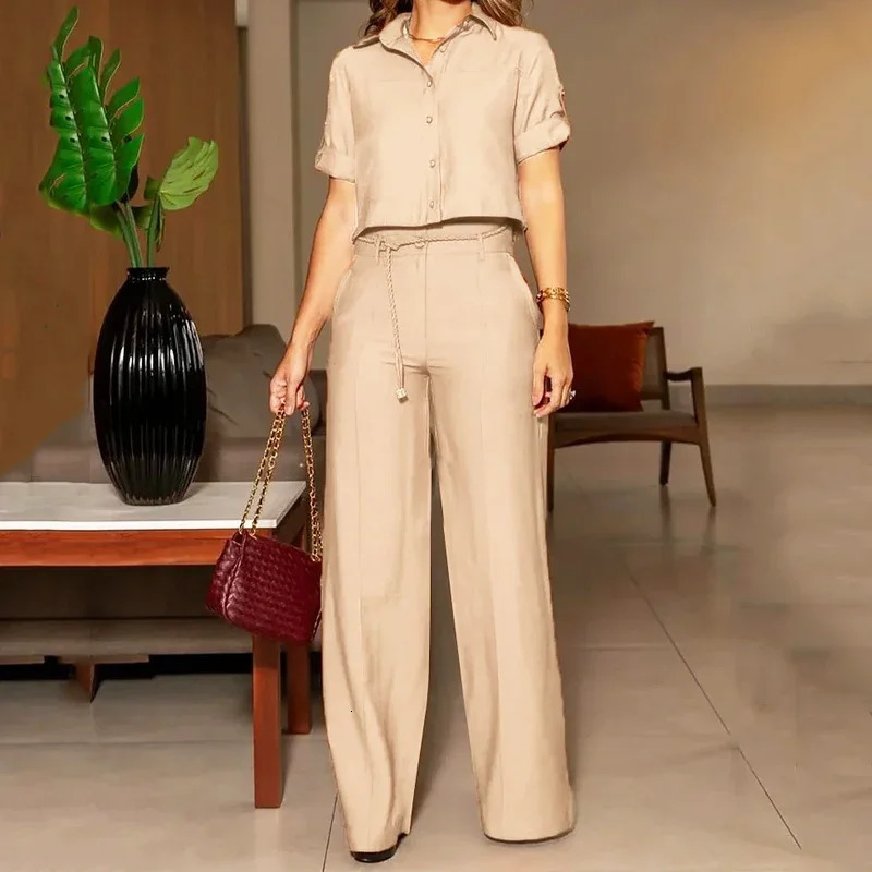 Wefads Two Piece Set Women Summer Casual Solid Lapel Single Breasted Button Short Sleeve Top With Belt Wide Legs Pants 250109