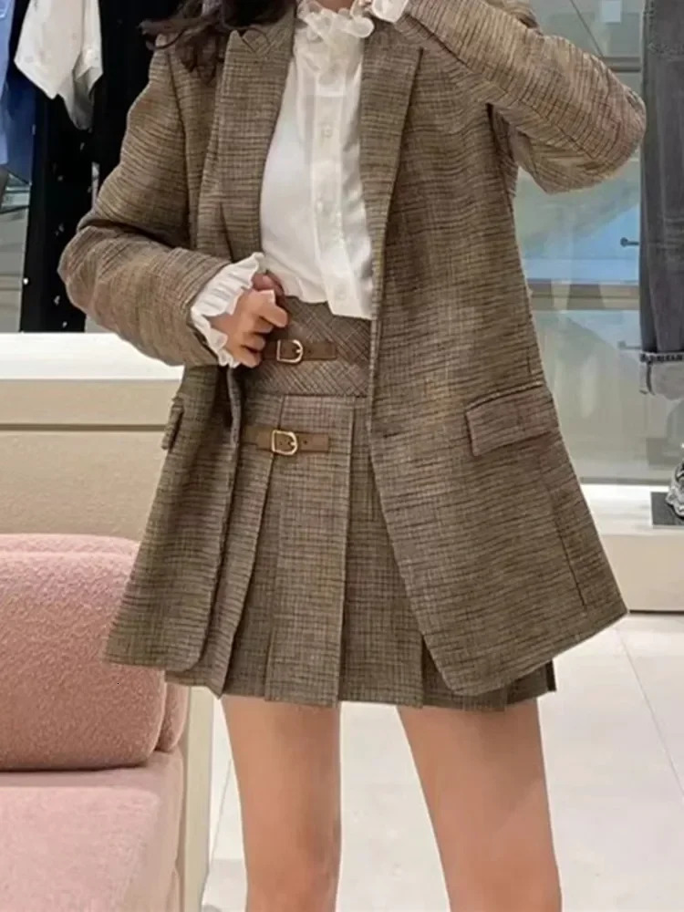 Women Plaid Set Pleated A-line Mini Skirt or Single Button Long Sleeve Blazer Office Lady Fashion Suit Fall Winter 250109
