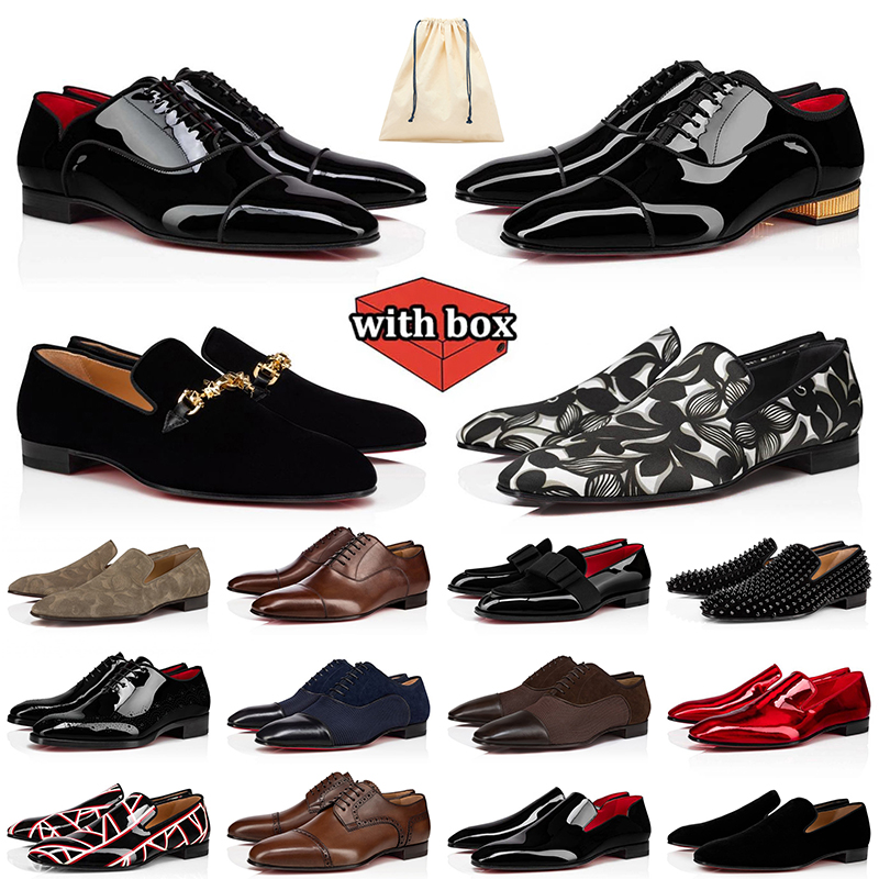 With Box Luxury Designer Mens Dress Shoes Red Low Heel Loafers Bottom Sneakers Patent Leather Rivets Men Business Party Sneaker Wedding Shoe bott