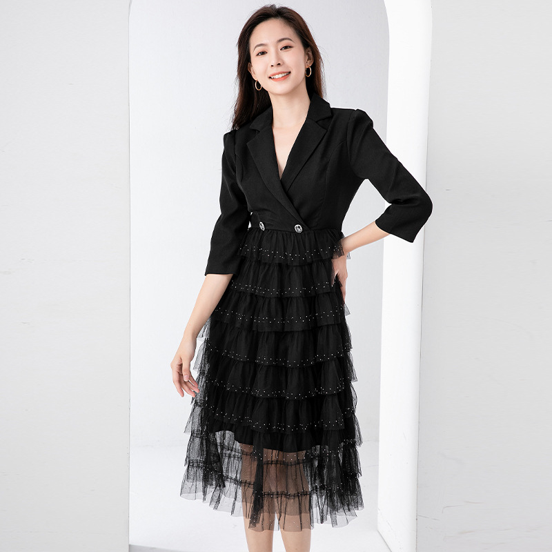 H1001 Mature slim dress black mesh cake skirt splicing suit dress temperament two pieces