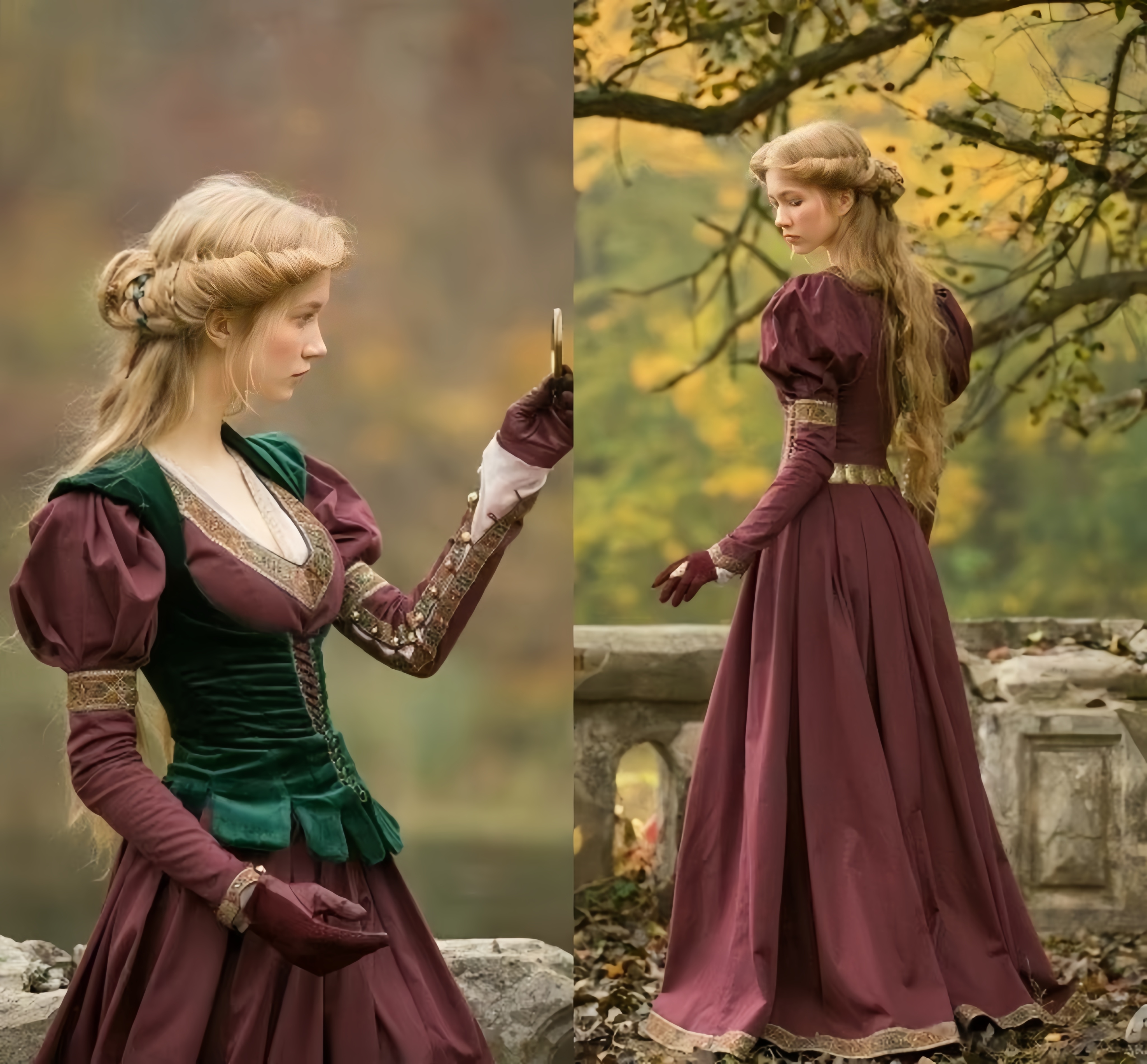 Vintage Renaissance Prom Dresses With Green Velvet Vest Corset Medieval Special Occasion Dress Gold Lace Appliques Puff Long Sleeves Retro Custome 202