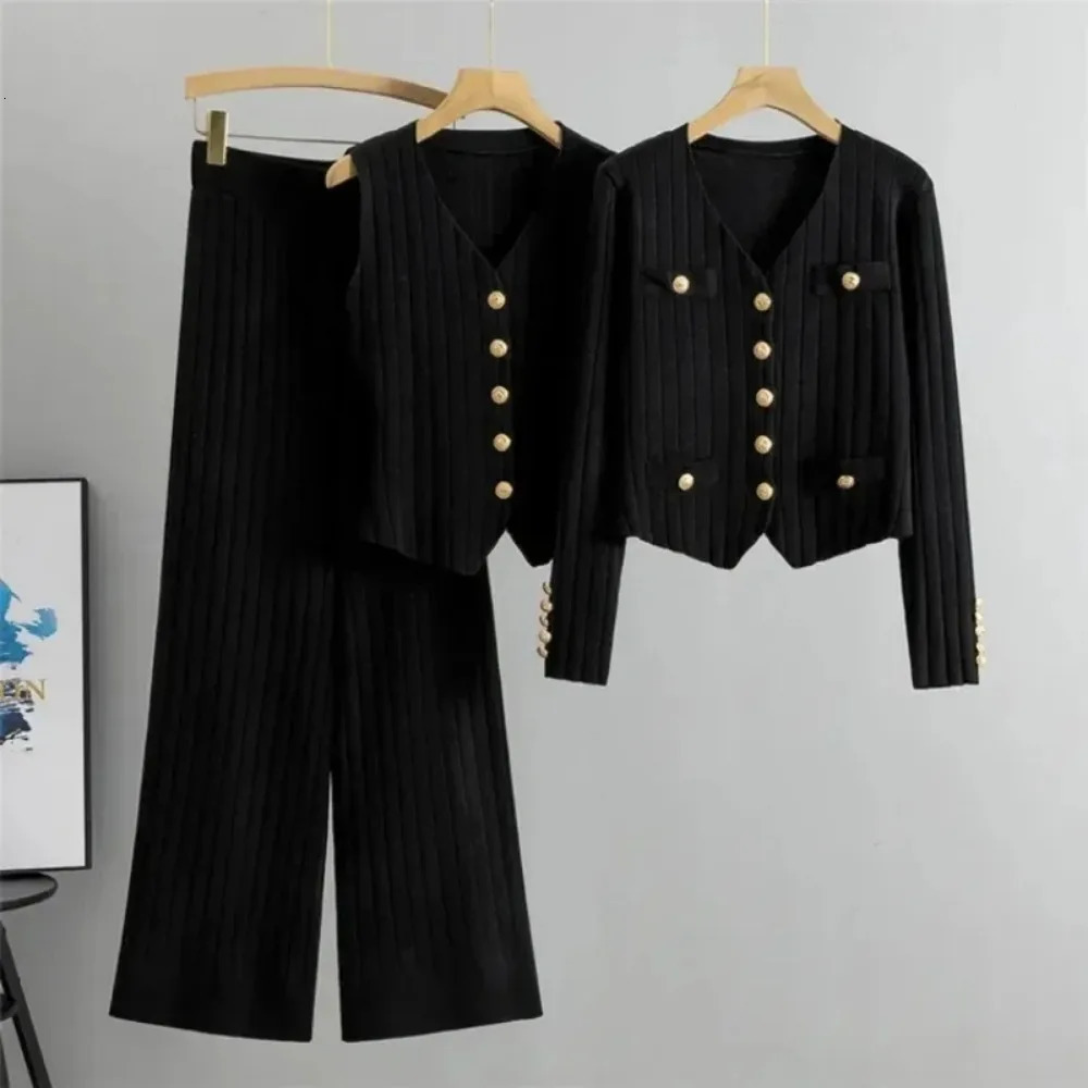 Fashion 3 Piece Set Women Sexy Vest Long Sleeve Zipper Cardigan Elastic Waist Wide Leg Pants Tracksuit Knitted Suit 250109