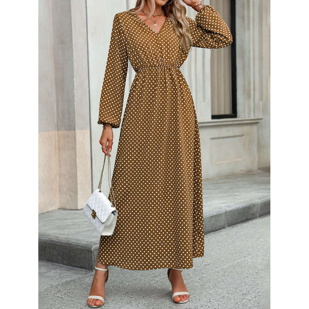 European American autumn women's V-neck waist cinched printed long sleeved dress, 2025 new style, chic and elegant clothing