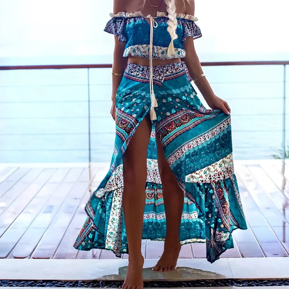 Old Summer 2 Piece Set Womens Floral Printed Two Piece Bohemian Skirt Suit Hippie Boho Chic Crop Top Beach Sets Clothing 250118