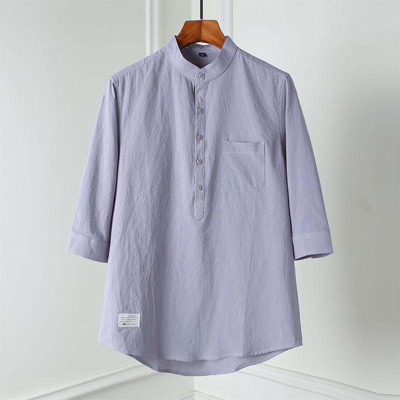 L65 Spring and summer new style stand-up collar pure cotton linen henley shirt three-quarter sleeve casual loose pullover T-shirt