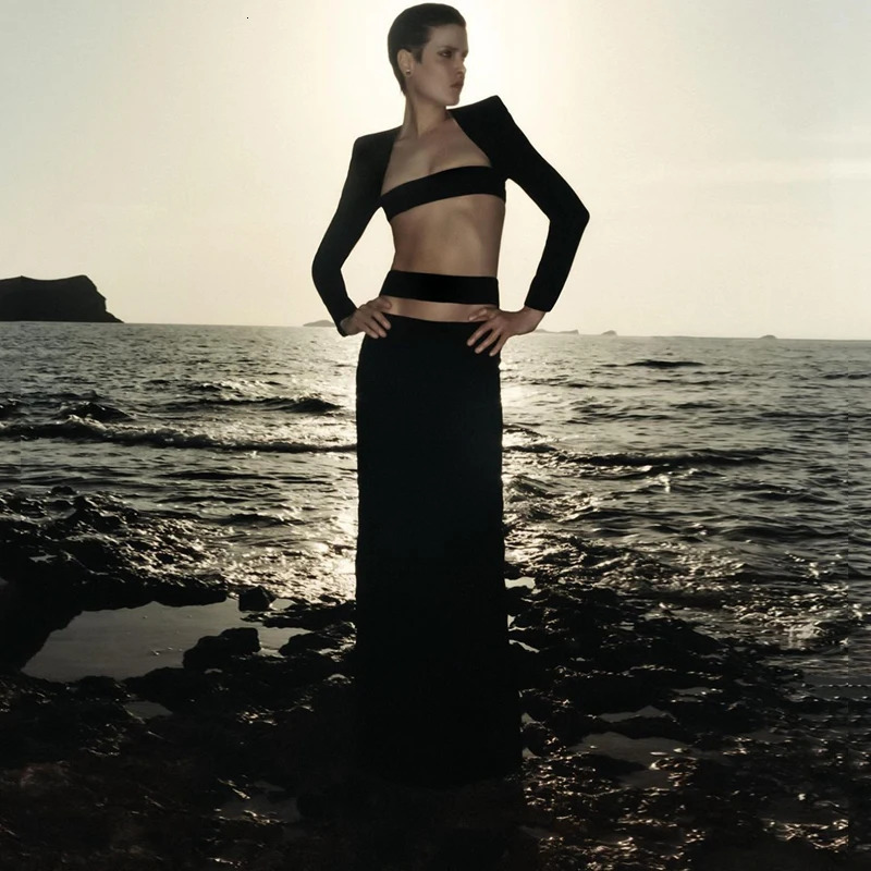 MSMUSI Fashion Women Sexy Hollow Out Long Sleeve Bandage Two Piece Set Bodycon Party Club Short Top And Slit Skirt Set 250109