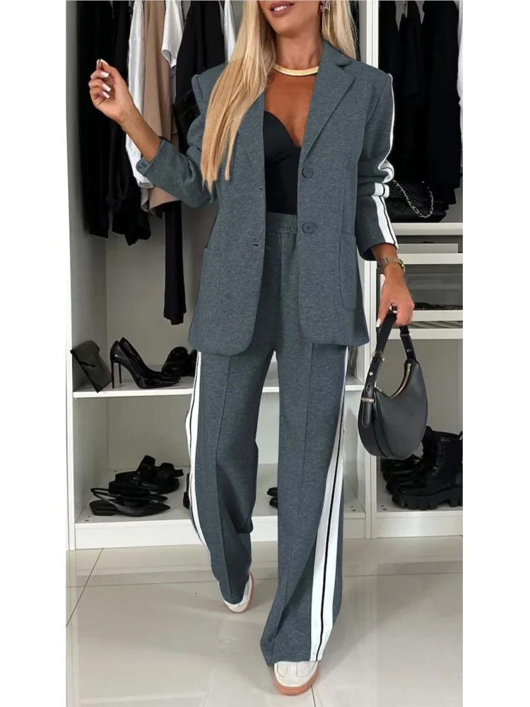 Autumn And Winter Long Sleeves Suit Womens Suit Fashion Pimp Stitching Pants Pocket Female Office Blazer 2 Piece Set 250117