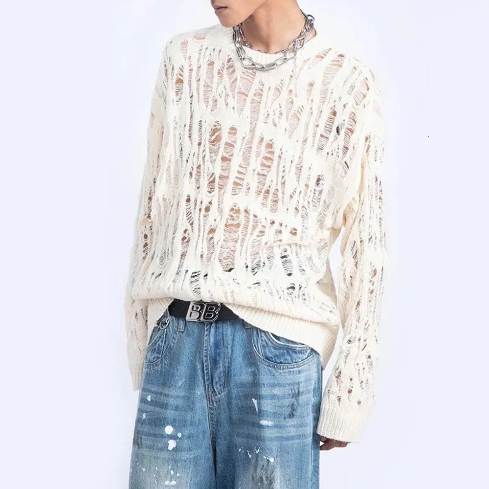 Men Sweater Harajuku Perspective Destructed Hollow Hold Pullover Tops Autumn Streetwear Fashion Trendy Daily Unisex 2024 250114