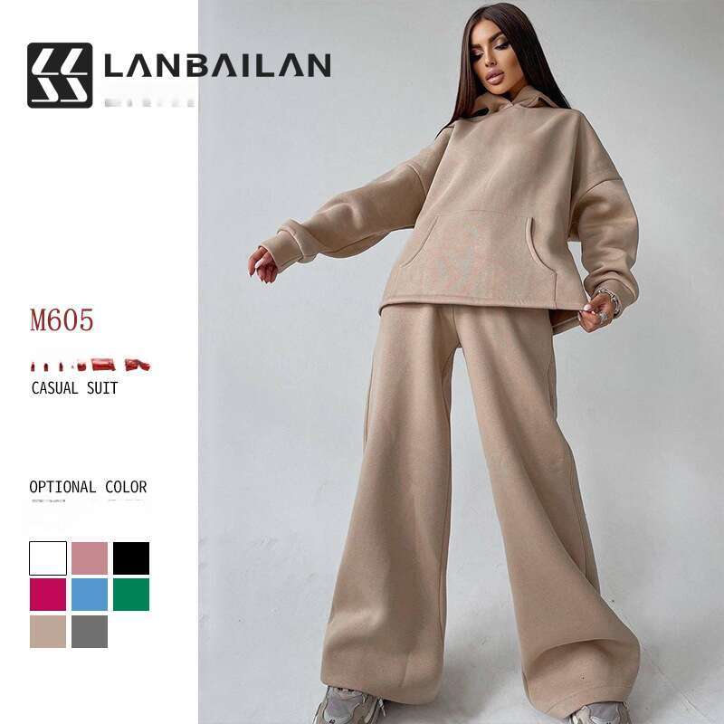 hot selg European American women's autumn and winter hooded pocket hoodie two-piece set 2025 temperament versatile new trend clothing ins