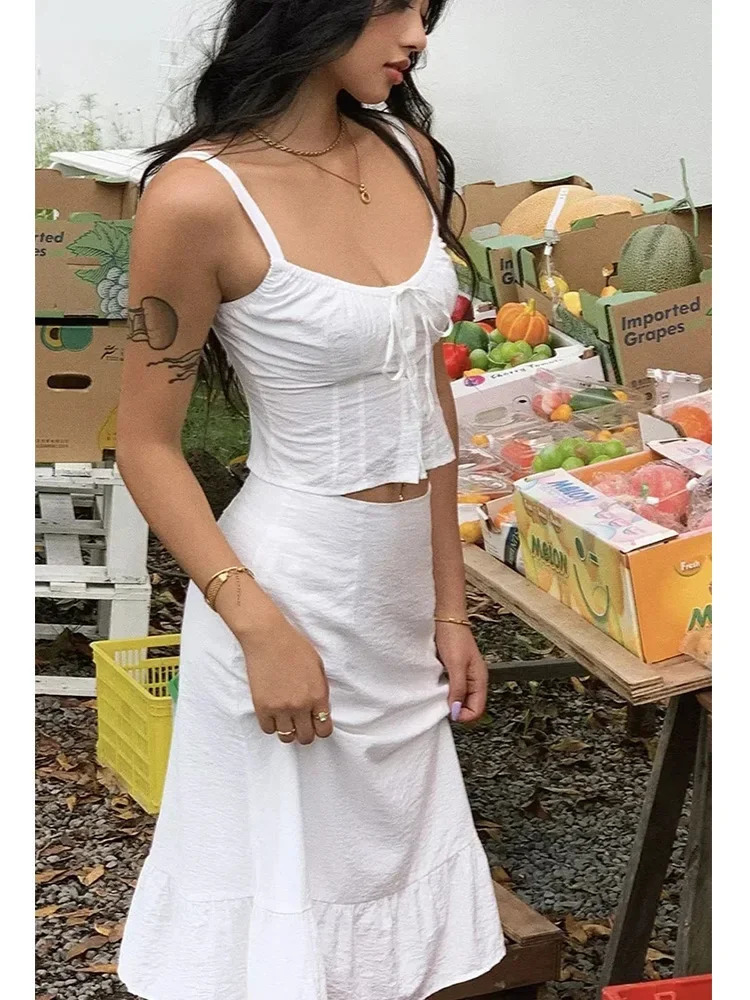 Foridol Lace Up White 2-piece Set Womens Summer Dress Set Beach Cotton Dress Set Midi Vestido Fashion Sundress 250110