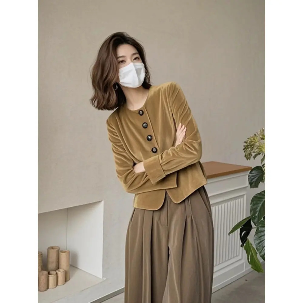 Melad Coffee Color Single Breasted Velvet Jacket with a High-end Feel Light Mature Style Versatile Cool Stylish Autumn Jacket 250113