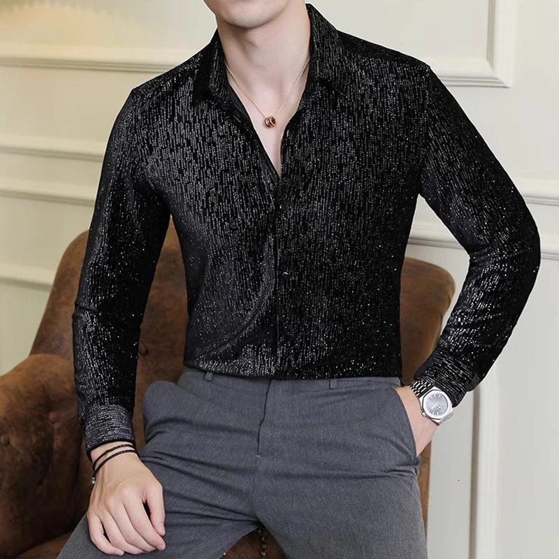long sleeved velvet sequined shirt mens streetwear lapel social tailcoat shirt mens wedding club disco ultra-thin mens shirt 4XL-M 250110