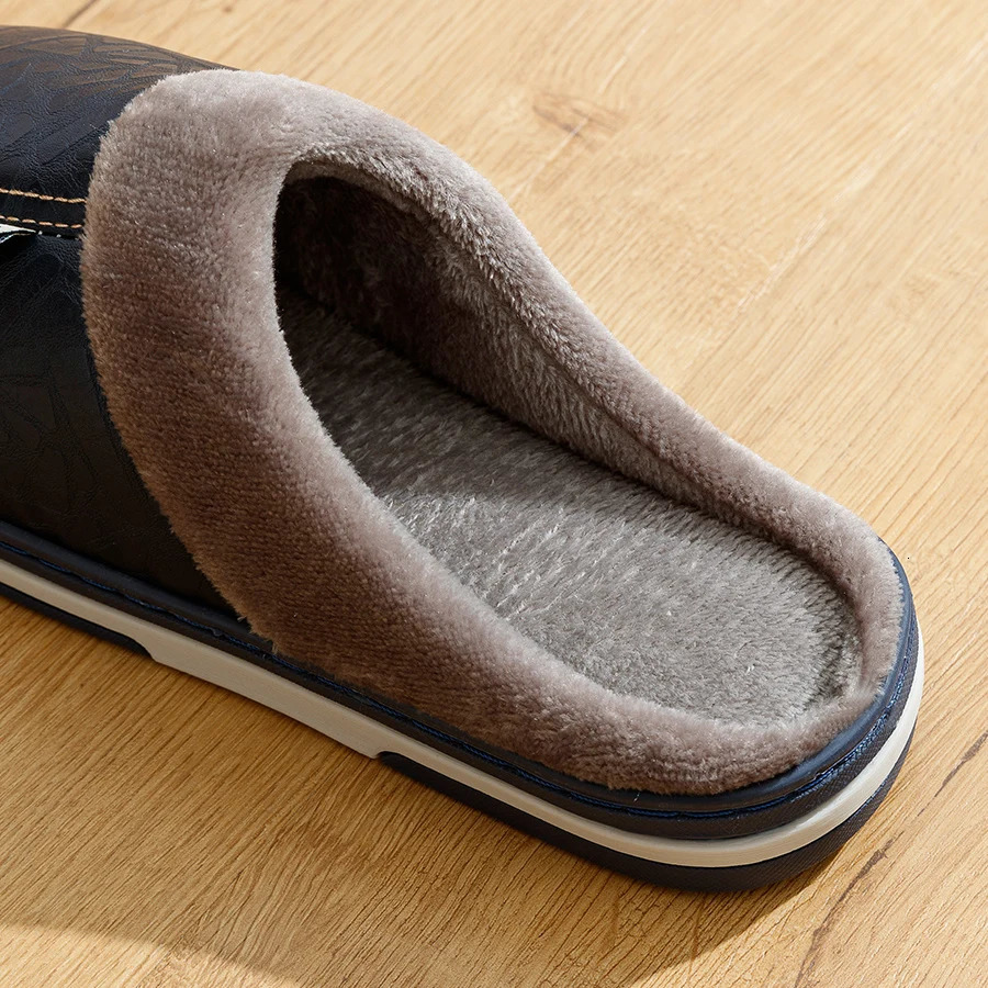 Big Size Mens slippers Winter Indoor Waterproof PU Leather Large Sizes Home Cotton shoes Fur Flat Cotton Bedroom Houseshoes250114